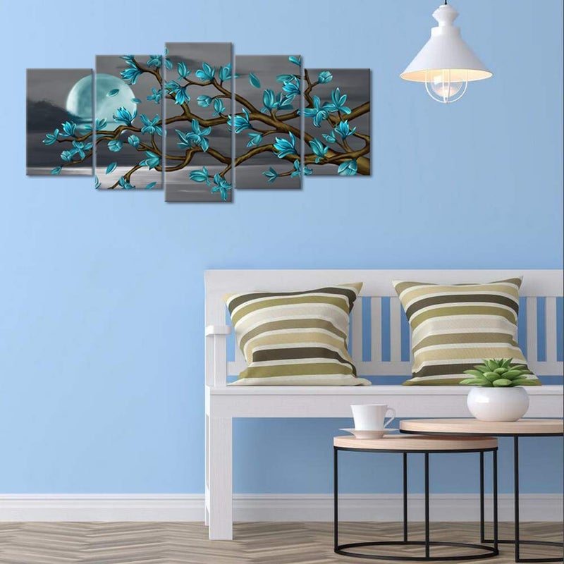 Visual Art Decor Beautiful Flowers Wall Art Abstract Teal Magnolia Blossom Over Sea Canvas Prints Gallery Wrap Floral Decoration Modern Living Room Bedroom Home Artwork Gift (W-50xH-24) - Image 3